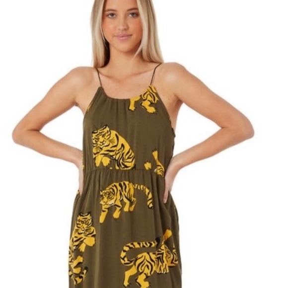 Hurley Women's Large Tiger-Print Strappy Cover-Up  Dress ~ Green & Mustard - Picture 11 of 11